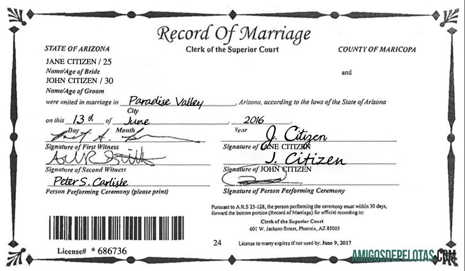 Realista modelo de certidão de casamento do estado do Arizona nos EUA em formato PSD